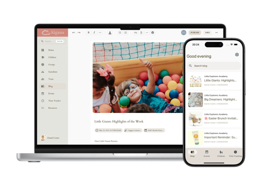Kigana auf PC und Handy: Präsenzmanagement, Elternkommunikation und Stundenpläne – alles an einem Ort.